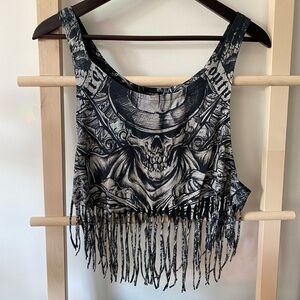 Black and Grey Skull Fringe Crop Tank Top